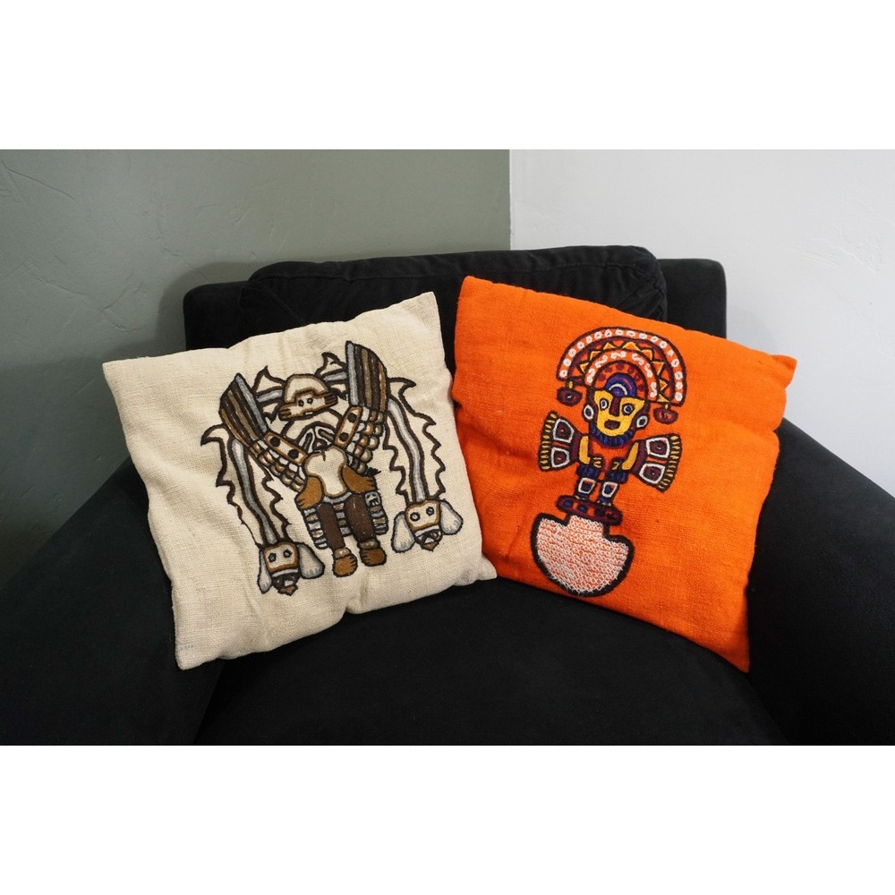 (2) Hand Embroidered Peruvian Folk Art Pillows Mayan Aztec Incan Warrior Vintage
